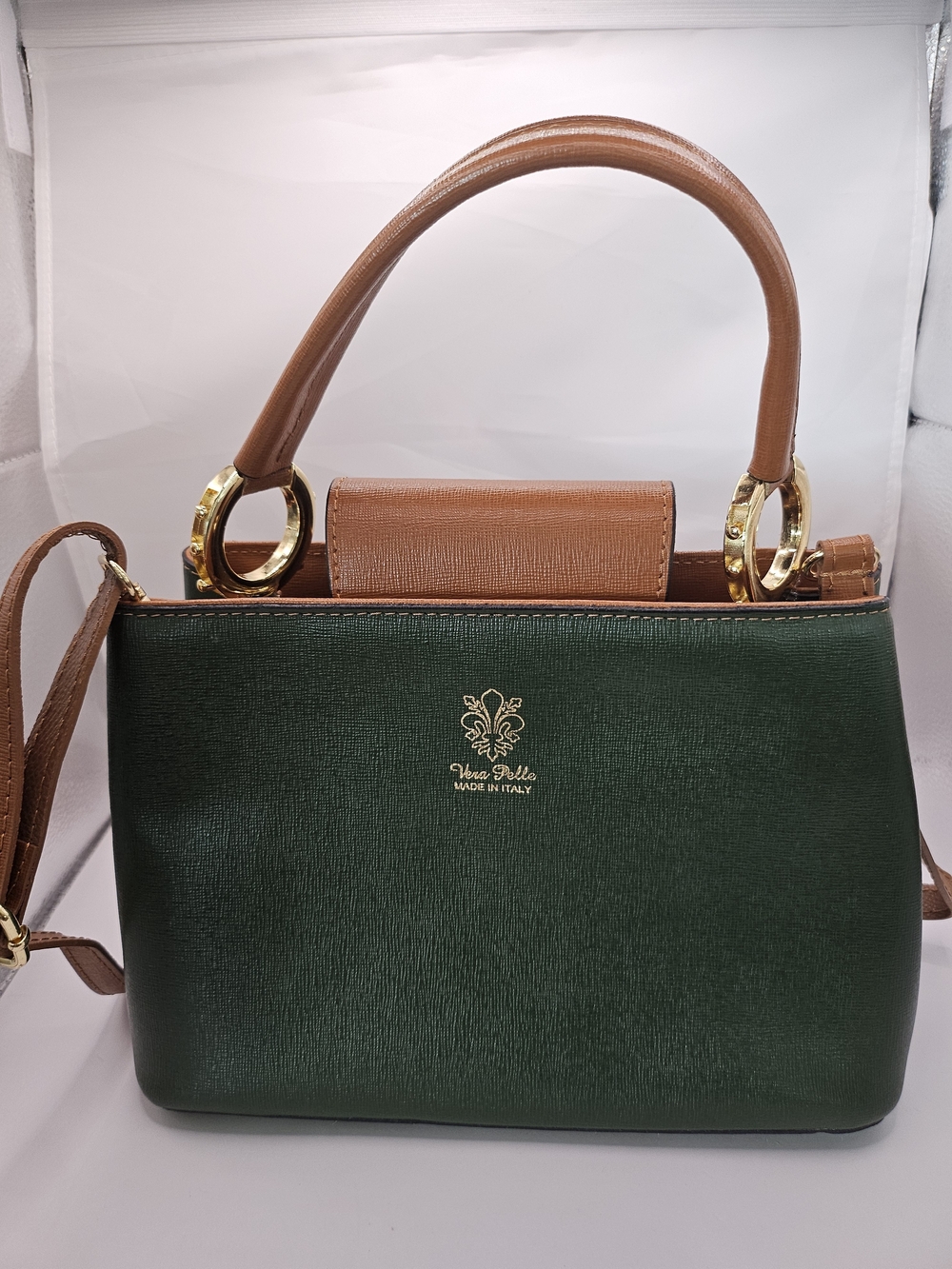 Vtg Italy Vera Pelle Green Saffiano Leather Crossbody Shoulder Bag/purse Italy